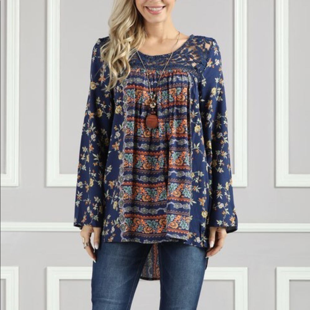 Floral Hi Low Tunic Navy